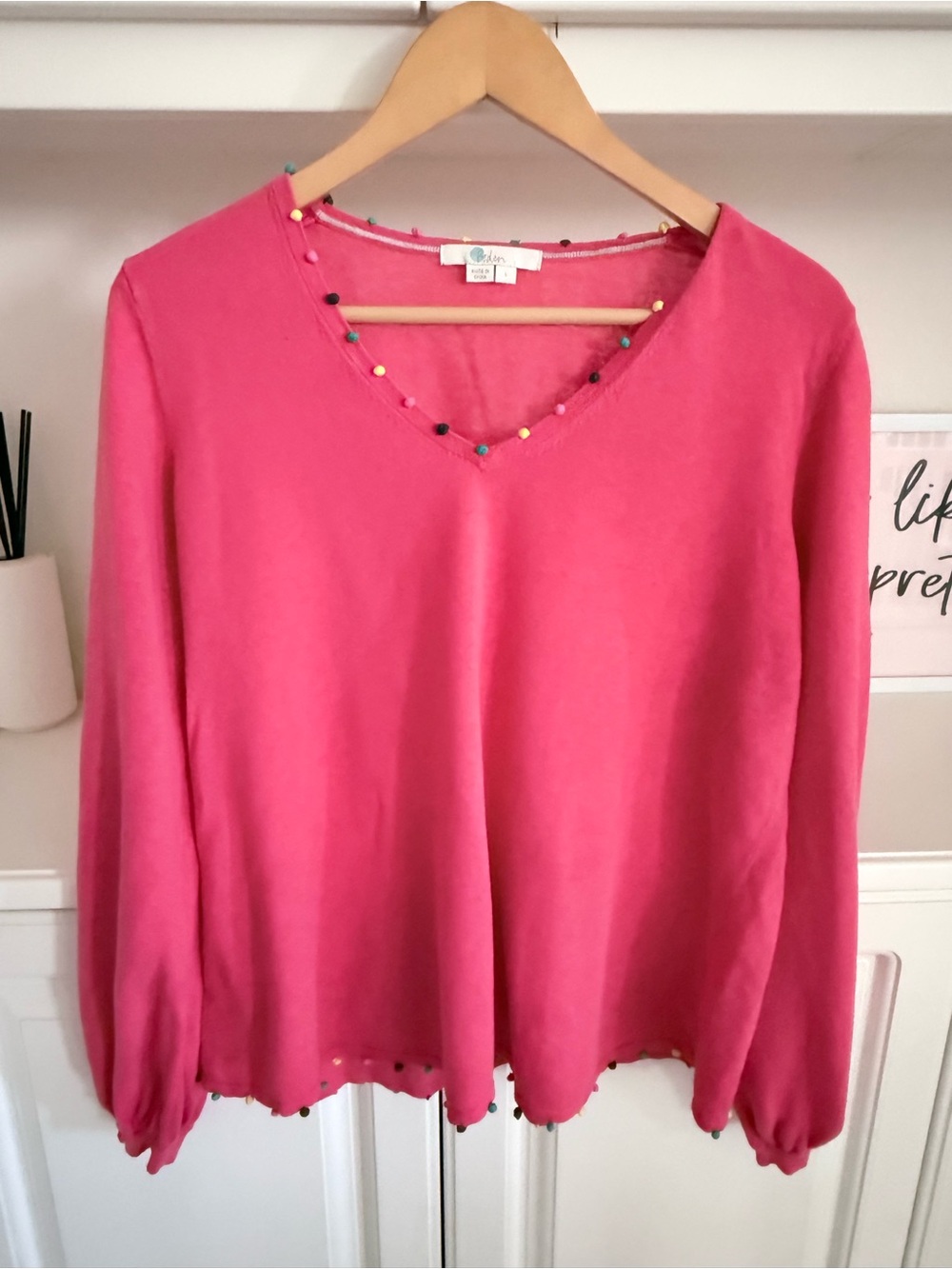 Boden Coral V-Neck Sweater with Multicolor Bead Trim